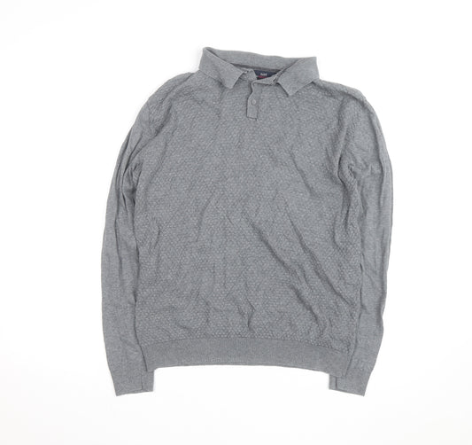 EASY Men's Grey Collared Cotton Henley Jumper Size M