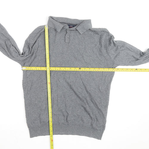 EASY Men's Grey Collared Cotton Henley Jumper Size M