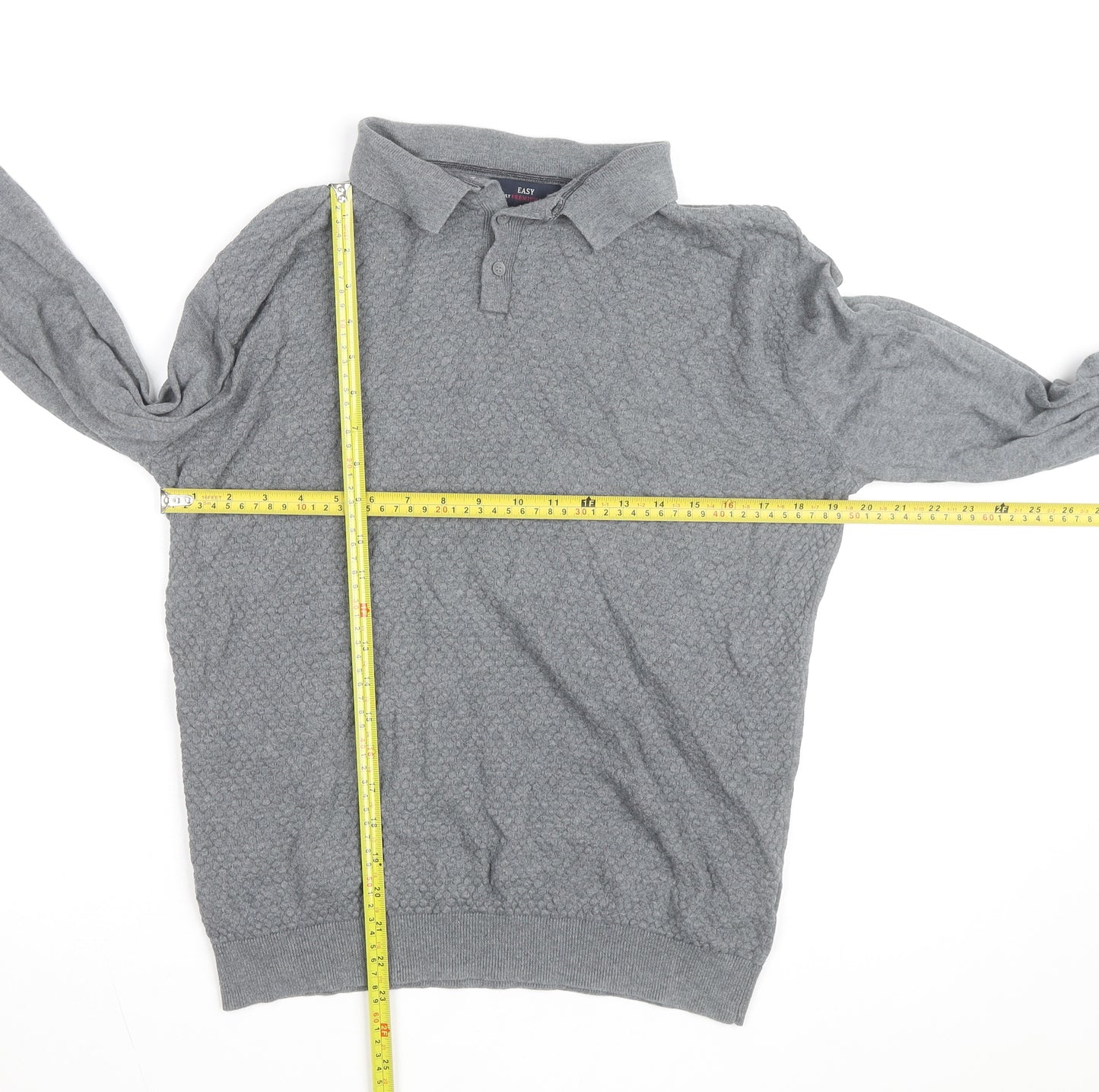 EASY Men's Grey Collared Cotton Henley Jumper Size M