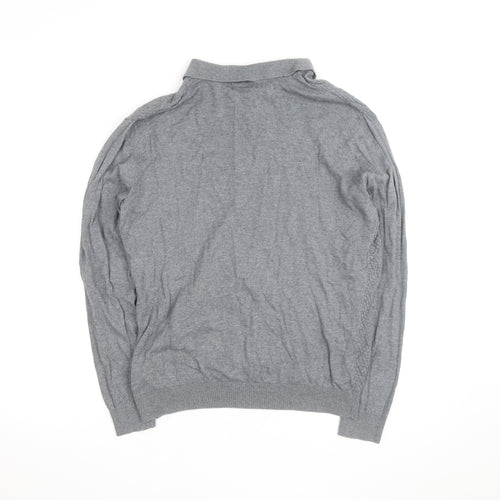 EASY Men's Grey Collared Cotton Henley Jumper Size M