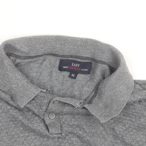 EASY Men's Grey Collared Cotton Henley Jumper Size M