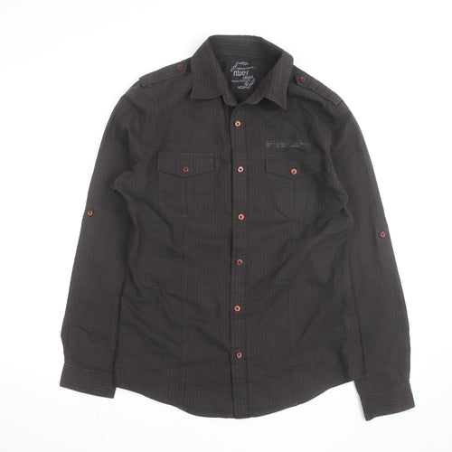 River Island Men's Black Striped Cotton Long Sleeve Button-Up Shirt M