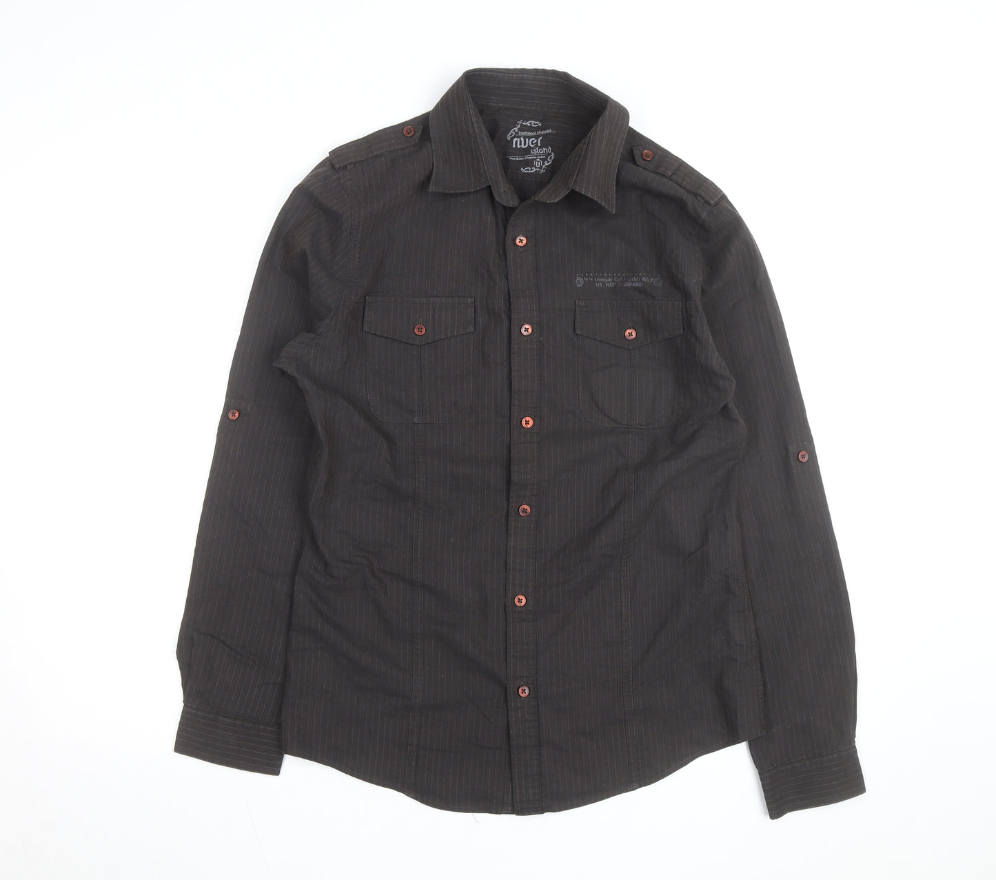 River Island Men's Black Striped Cotton Long Sleeve Button-Up Shirt M