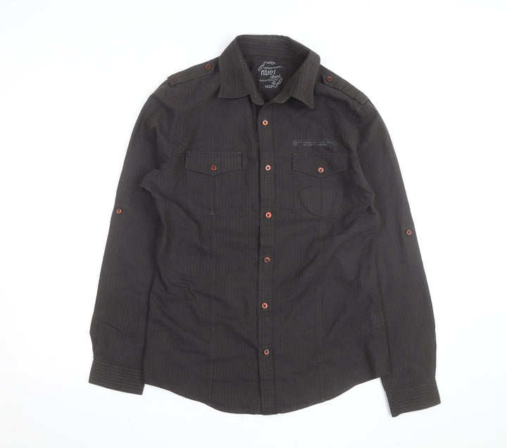 River Island Men's Black Striped Cotton Long Sleeve Button-Up Shirt M