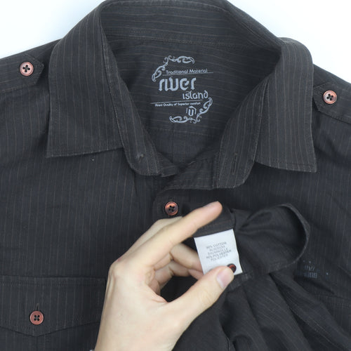 River Island Men's Black Striped Cotton Long Sleeve Button-Up Shirt M