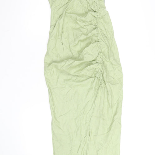 Zara Women’s Green Linen One Shoulder Ruched Midi Dress Size 8