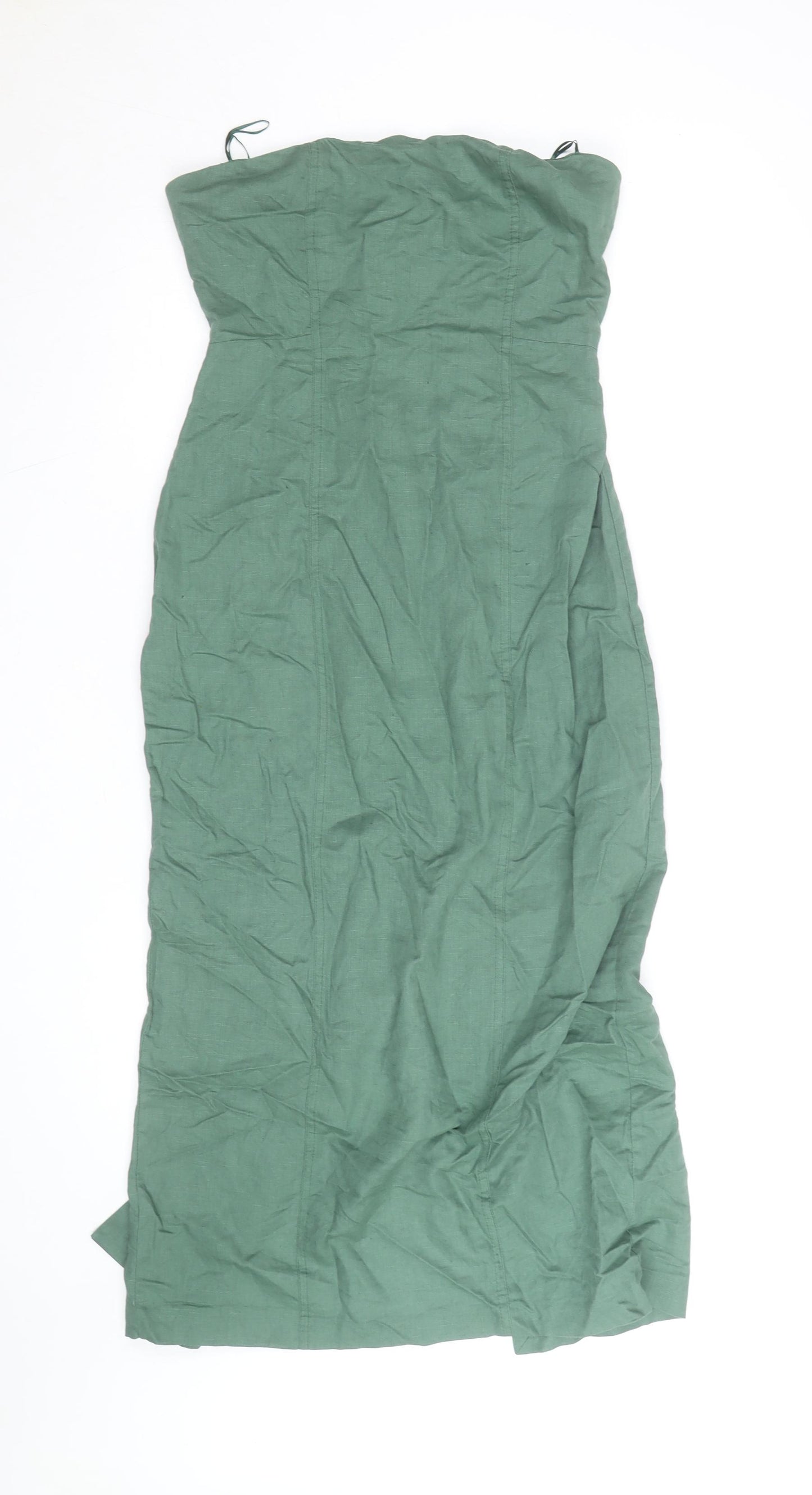 Zara Women Green Linen Blend Strapless Midi Bodycon Dress Size 10