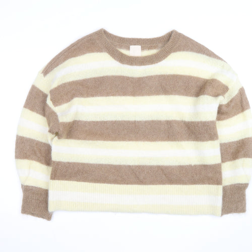 H&M Women Beige Stripe Mohair Blend Relaxed Fit Jumper L