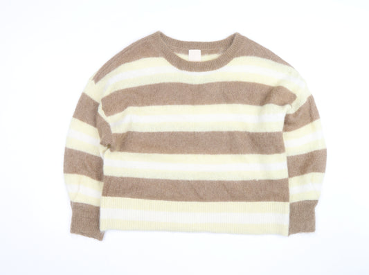 H&M Women Beige Stripe Mohair Blend Relaxed Fit Jumper L