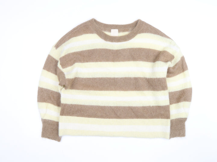 H&M Women Beige Stripe Mohair Blend Relaxed Fit Jumper L
