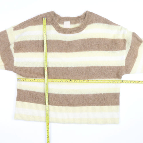 H&M Women Beige Stripe Mohair Blend Relaxed Fit Jumper L