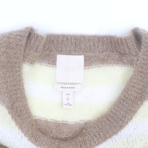 H&M Women Beige Stripe Mohair Blend Relaxed Fit Jumper L