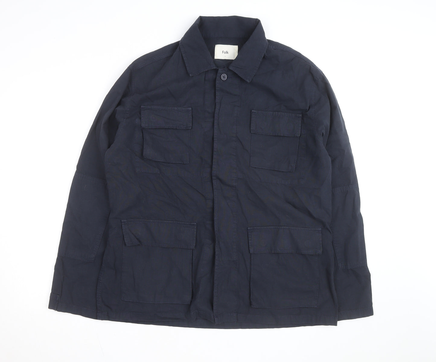 Folk Men's Blue Cotton Button-Up Casual Shirt L