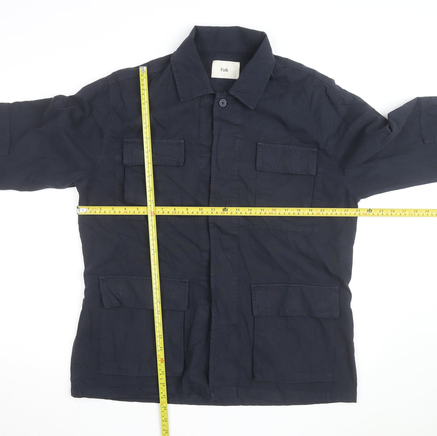 Folk Men's Blue Cotton Button-Up Casual Shirt L