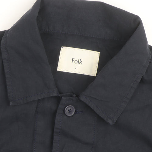 Folk Men's Blue Cotton Button-Up Casual Shirt L