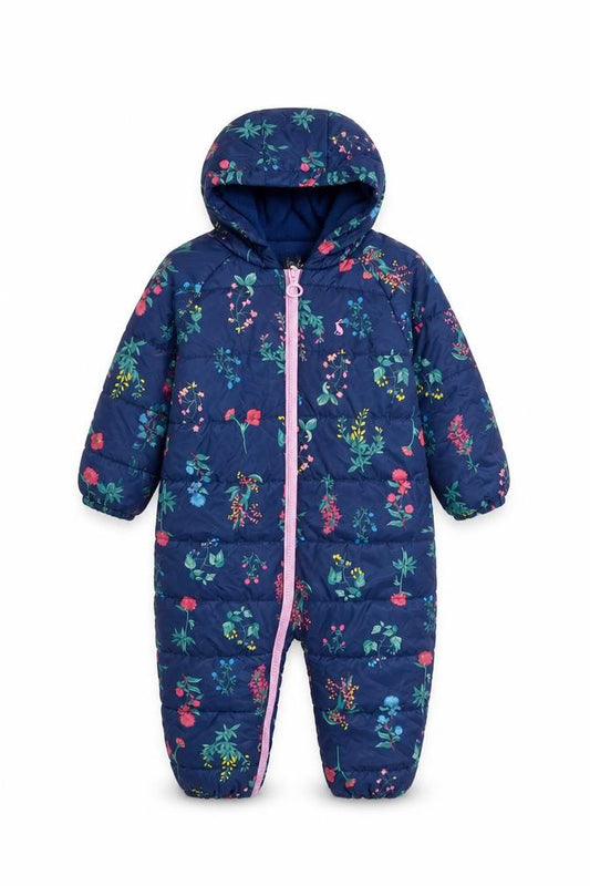 Front view of Joules unisex baby navy floral hooded puffer snowsuit 12-18 months
