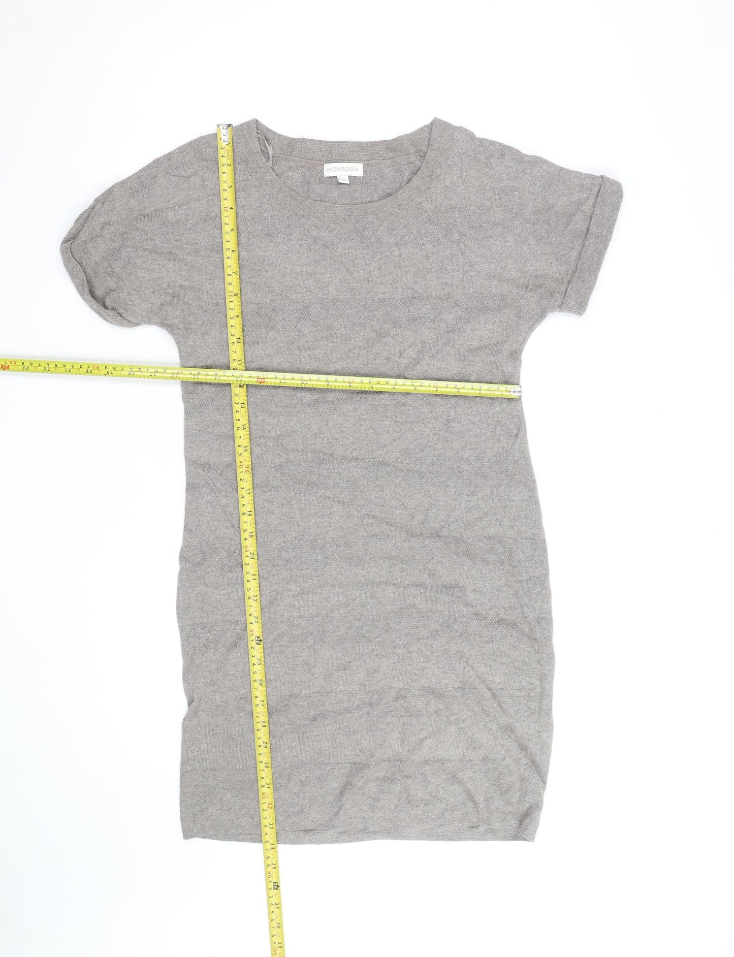 Monsoon Women Grey Knit Shift Dress Size S Short Sleeve Crew Neck