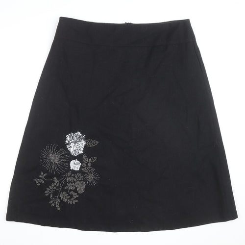 Wallis Women’s Black Embroidered Wool A-Line Knee Length Skirt Size 18