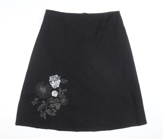 Wallis Women’s Black Embroidered Wool A-Line Knee Length Skirt Size 18