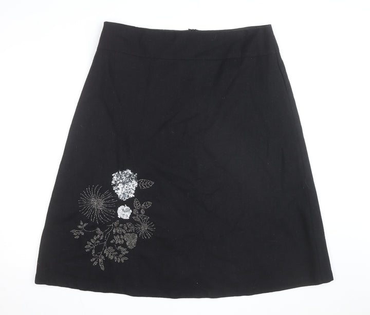 Wallis Women’s Black Embroidered Wool A-Line Knee Length Skirt Size 18