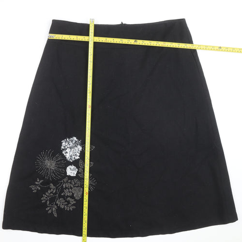 Wallis Women’s Black Embroidered Wool A-Line Knee Length Skirt Size 18