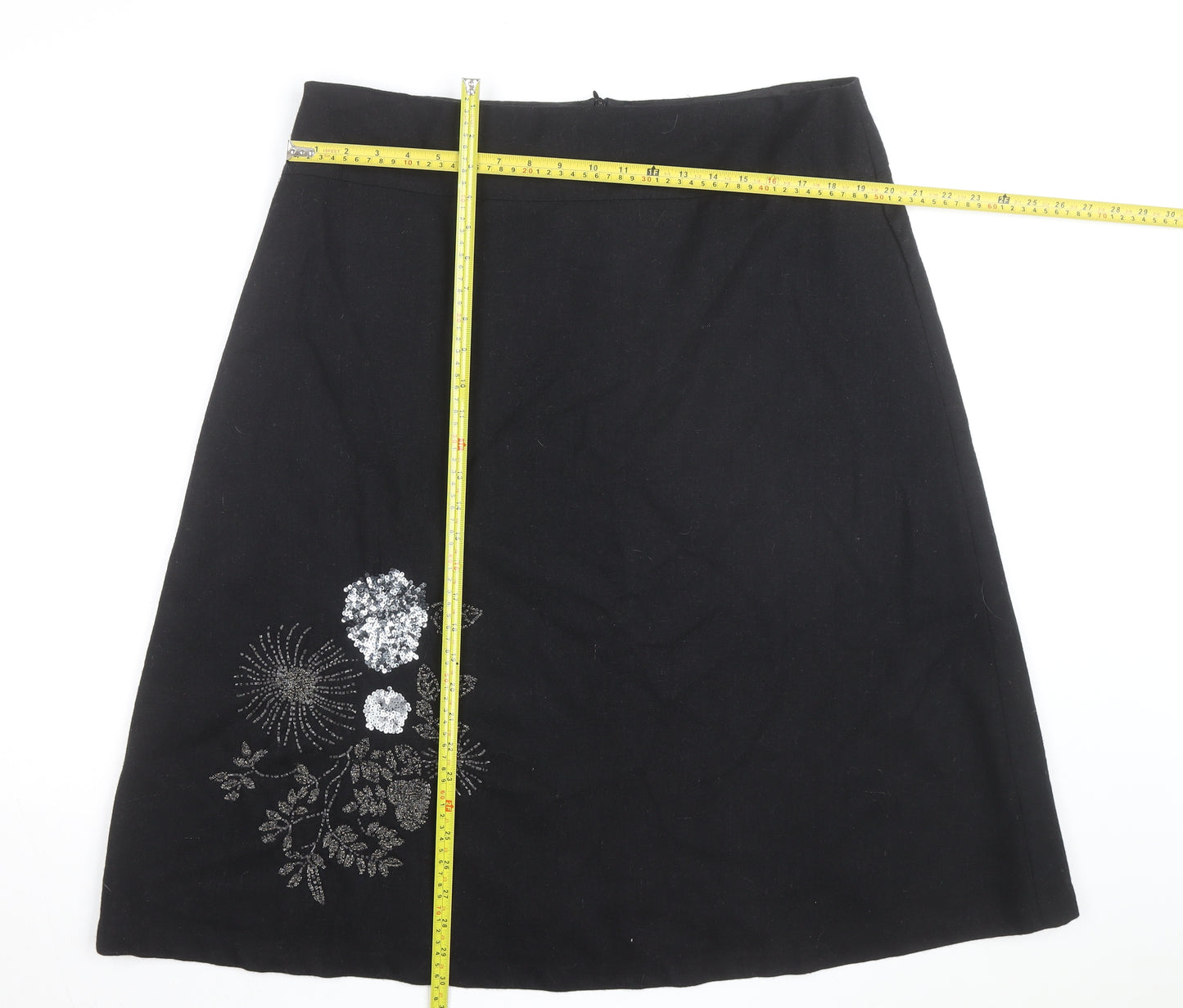 Wallis Women’s Black Embroidered Wool A-Line Knee Length Skirt Size 18