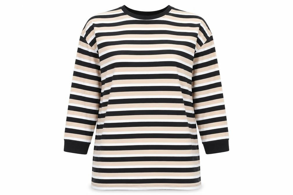 Front view of ASOS Women’s Beige Striped 3/4 Sleeve Basic T-Shirt, size UK 10
