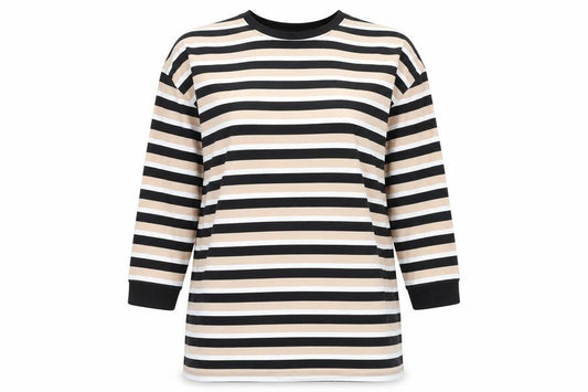 Front view of ASOS Women’s Beige Striped 3/4 Sleeve Basic T-Shirt, size UK 10
