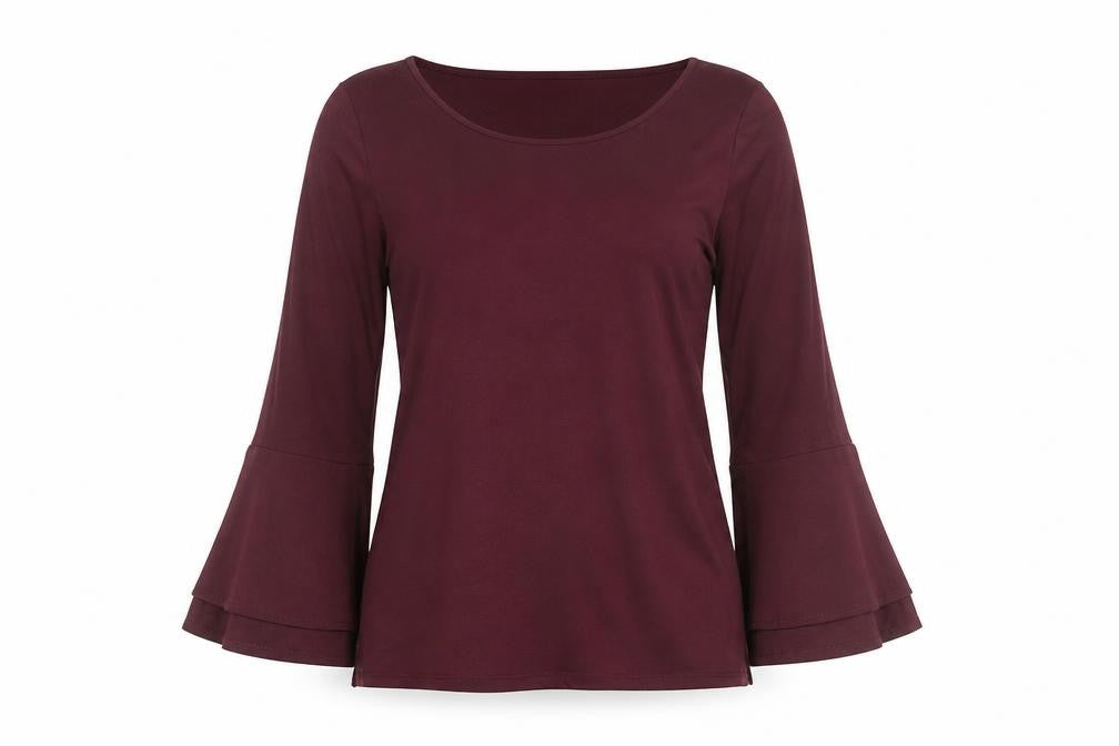 Front view of Hobbs Women Red Bell Sleeve Viscose Jersey Blouse, size M