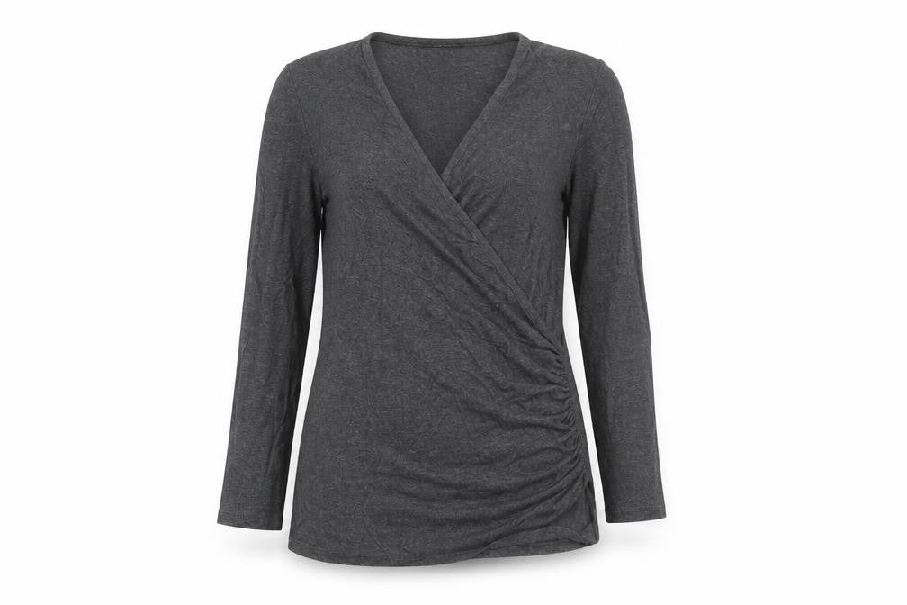 Front view of Hobbs Women’s Grey Wrap Jersey Blouse Long Sleeve, size S