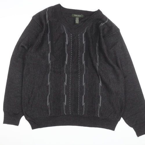 Pronto Uomo Men's Grey V-Neck Geometric Knit Wool Blend Jumper L