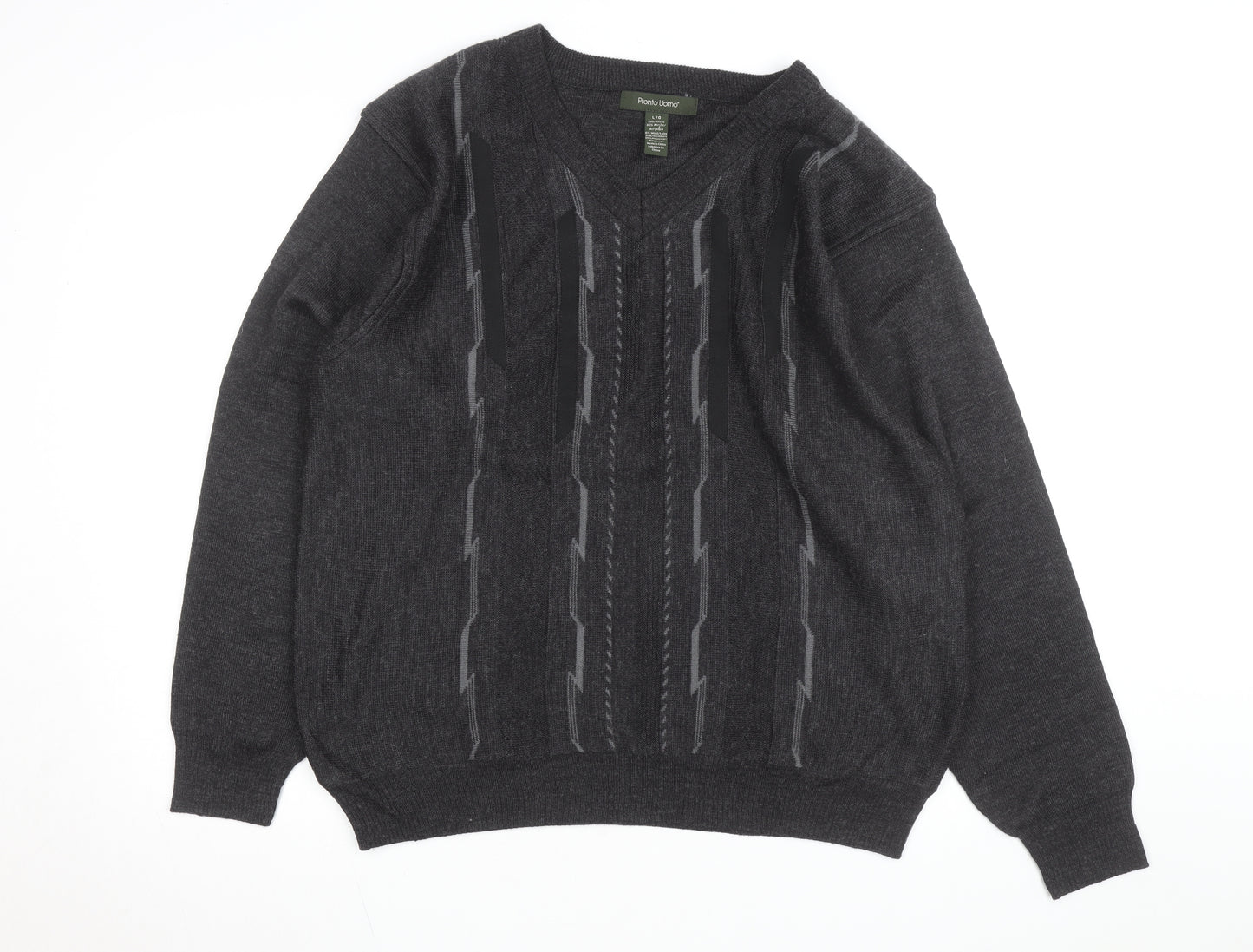 Pronto Uomo Men's Grey V-Neck Geometric Knit Wool Blend Jumper L