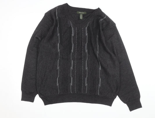 Pronto Uomo Men's Grey V-Neck Geometric Knit Wool Blend Jumper L