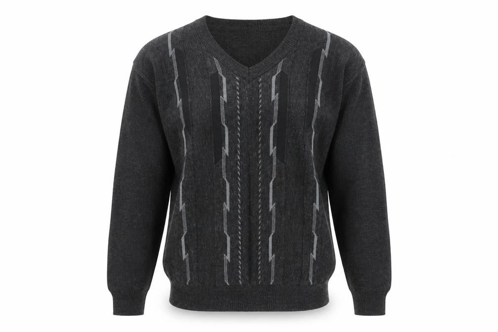 Pronto Uomo Men's Grey V-Neck Geometric Knit Wool Blend Jumper L