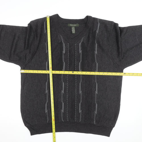 Pronto Uomo Men's Grey V-Neck Geometric Knit Wool Blend Jumper L