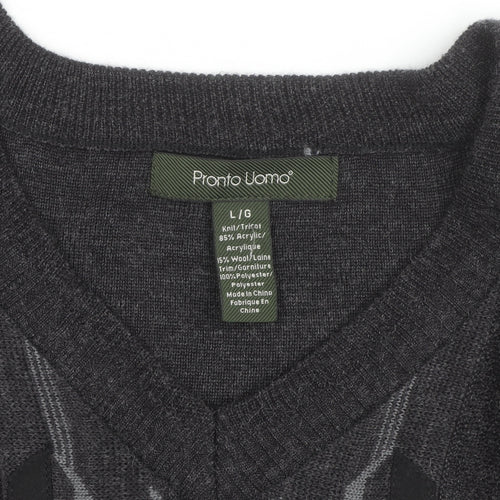 Pronto Uomo Men's Grey V-Neck Geometric Knit Wool Blend Jumper L