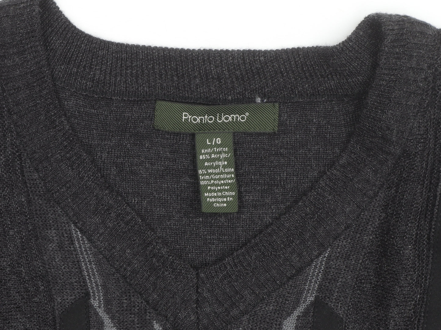 Pronto Uomo Men's Grey V-Neck Geometric Knit Wool Blend Jumper L