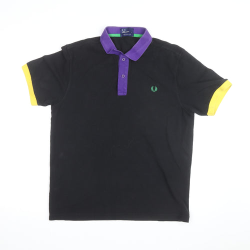 Fred Perry Men's Black Polo Shirt L - Contrast Purple Collar & Yellow Cuffs