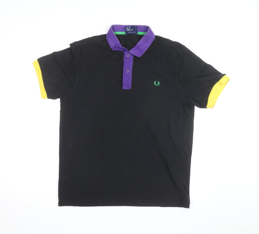Fred Perry Men's Black Polo Shirt L - Contrast Purple Collar & Yellow Cuffs