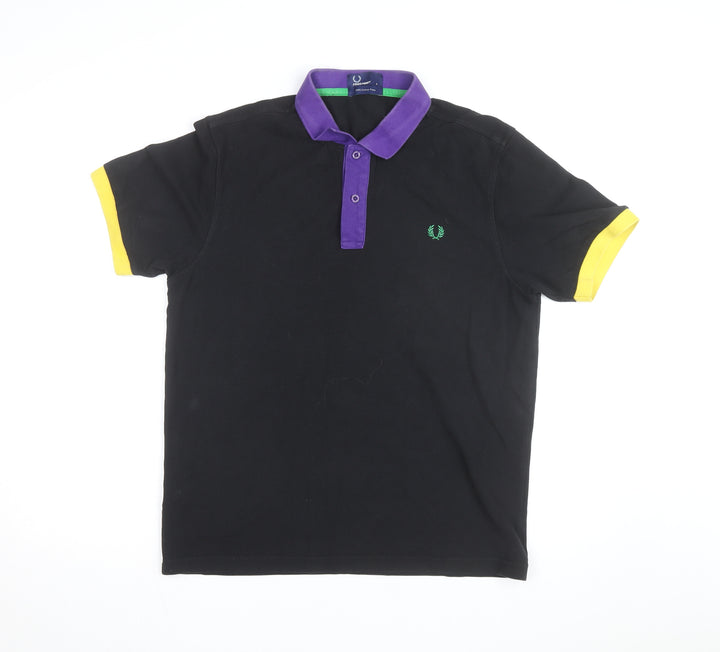 Fred Perry Men's Black Polo Shirt L - Contrast Purple Collar & Yellow Cuffs