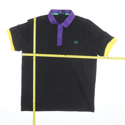 Fred Perry Men's Black Polo Shirt L - Contrast Purple Collar & Yellow Cuffs