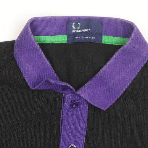 Fred Perry Men's Black Polo Shirt L - Contrast Purple Collar & Yellow Cuffs