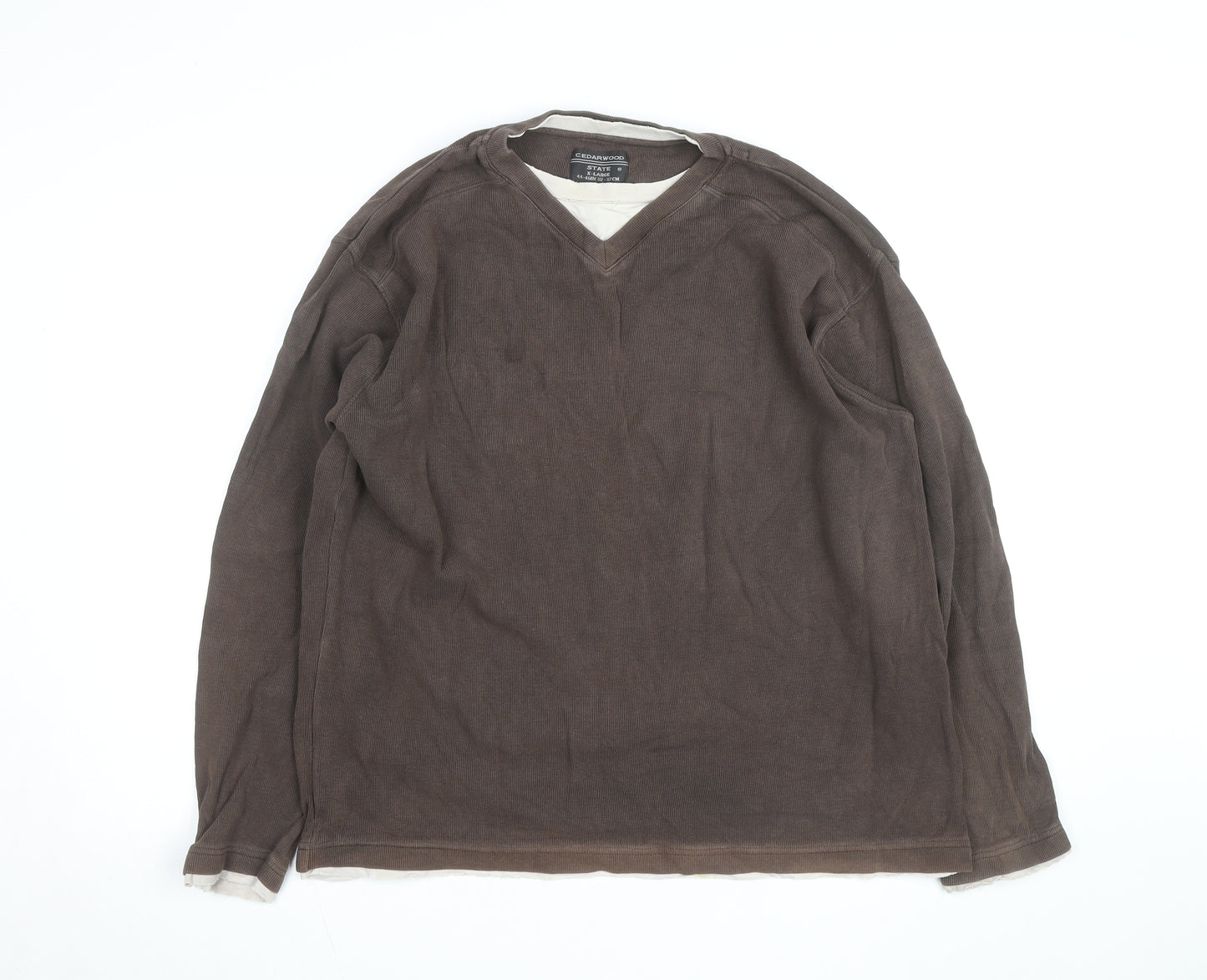 Cedarwood State Men's Brown V-Neck Cotton Pullover Jumper XL