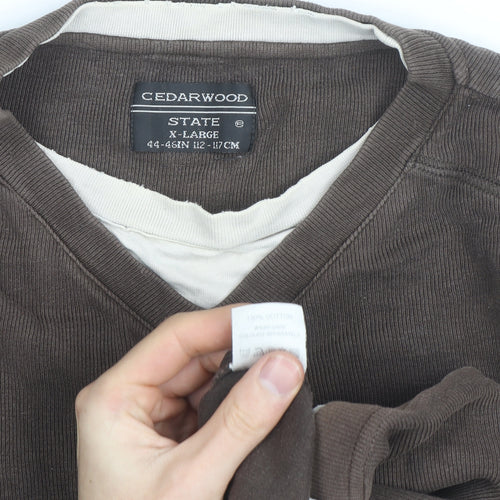 Cedarwood State Men's Brown V-Neck Cotton Pullover Jumper XL