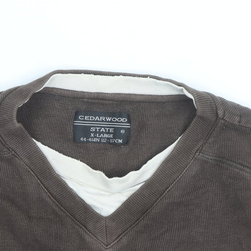 Cedarwood State Men's Brown V-Neck Cotton Pullover Jumper XL