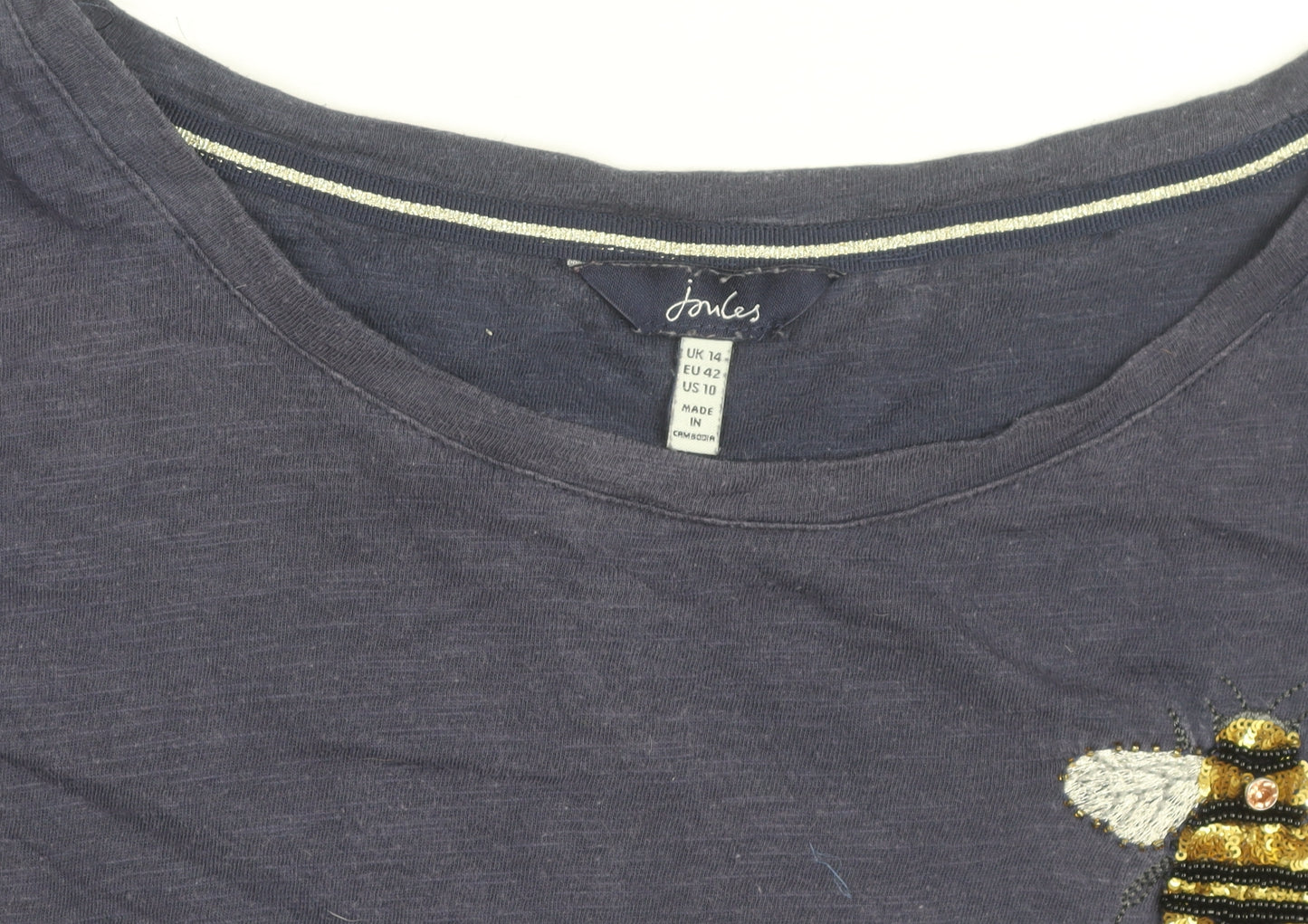 Joules Women’s Blue Bee Embroidered Cotton T-Shirt UK 14