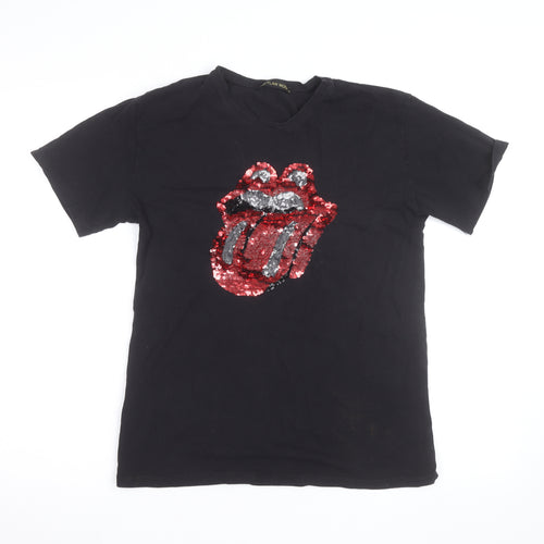 Flam Mode Men's Black Sequin Rock Graphic Cotton T-Shirt Size M
