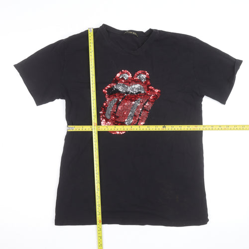 Flam Mode Men's Black Sequin Rock Graphic Cotton T-Shirt Size M