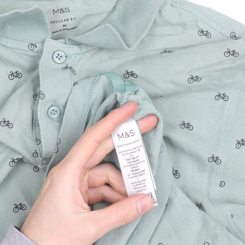 Marks and Spencer Mens Green Bicycle Print Regular Fit Polo Shirt M
