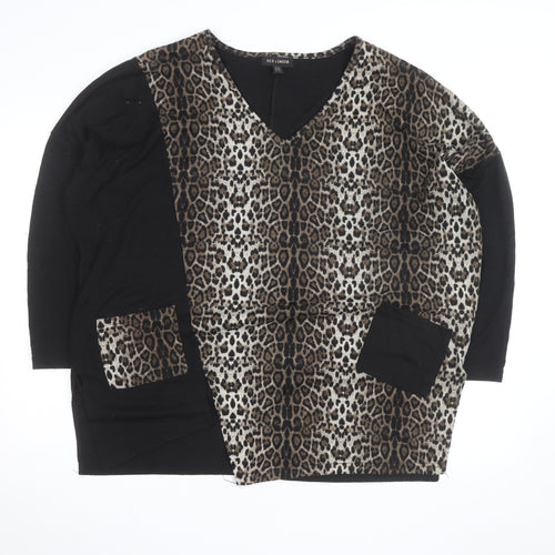 QED London Women's Brown Leopard Print V-Neck Pullover Jumper M/L